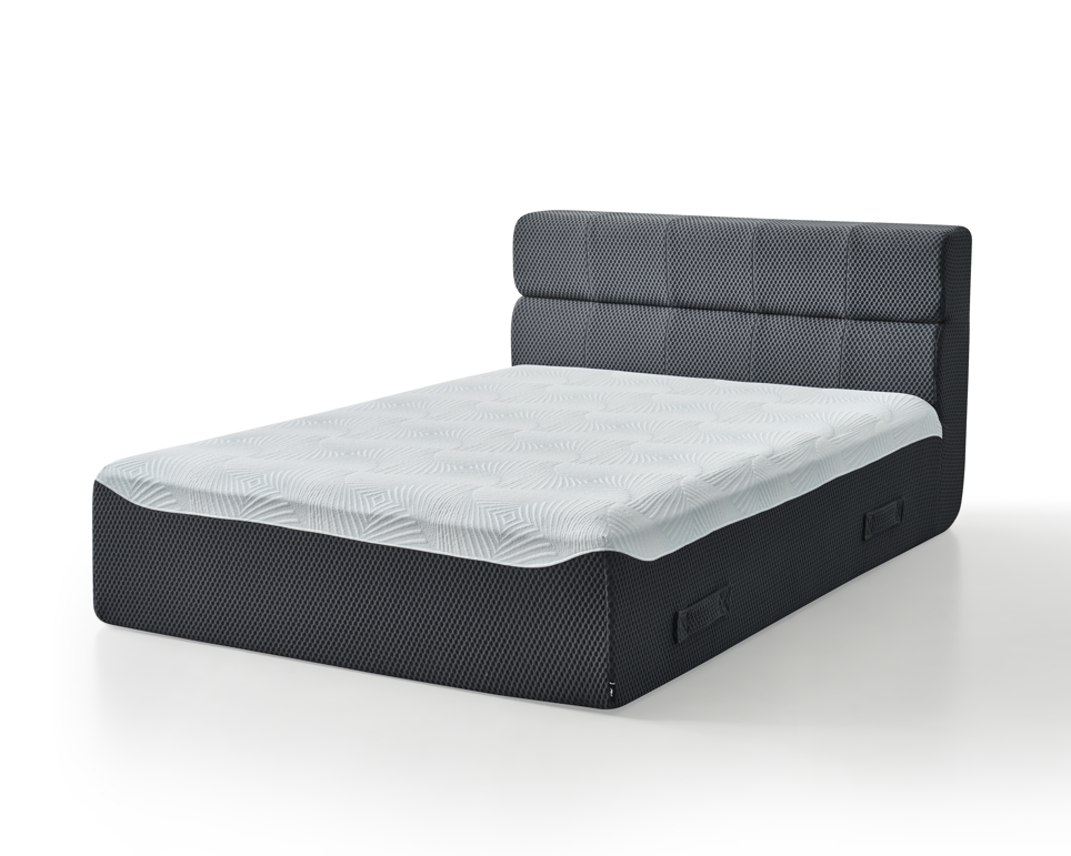 Full-size Phaf bed with wooden frame and white bedding, showcasing a modern bedroom setup.