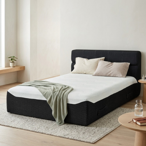Full size Phaf bed with wooden frame and headboard, shown in a modern bedroom setting. Durable and stylish for comfortable sleeping.
