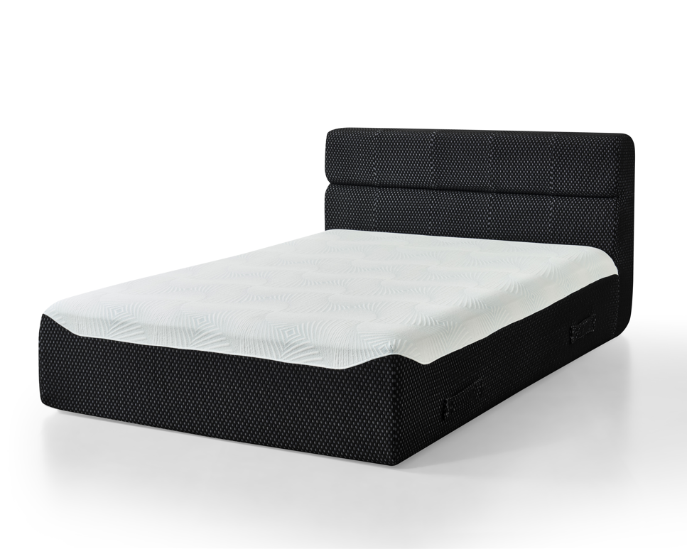 Phaf full size bed with wooden frame and headboard, shown in a modern bedroom setting, featuring neutral-toned bedding and pillows.