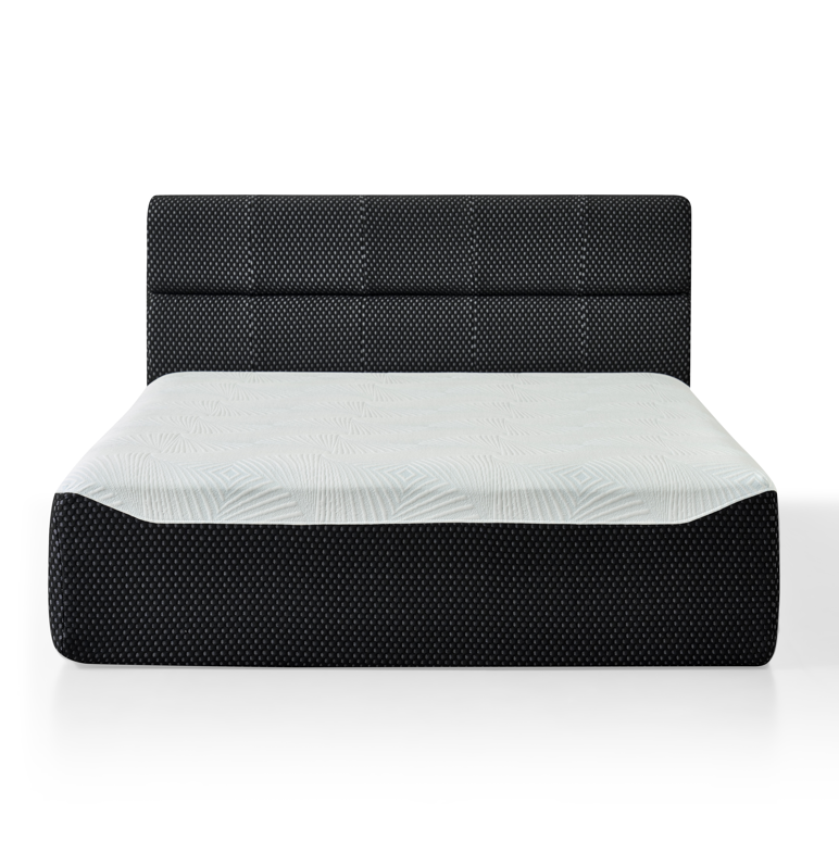 Full size Phaf bed frame with a sleek wooden design, shown with a mattress and bedding in a modern bedroom setting.