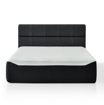 Full size Phaf bed frame with a sleek wooden design, shown with a mattress and bedding in a modern bedroom setting.