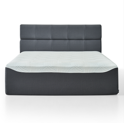 Full size Phaf bed frame with a modern wooden design, shown with a mattress and bedding in a contemporary bedroom setting.