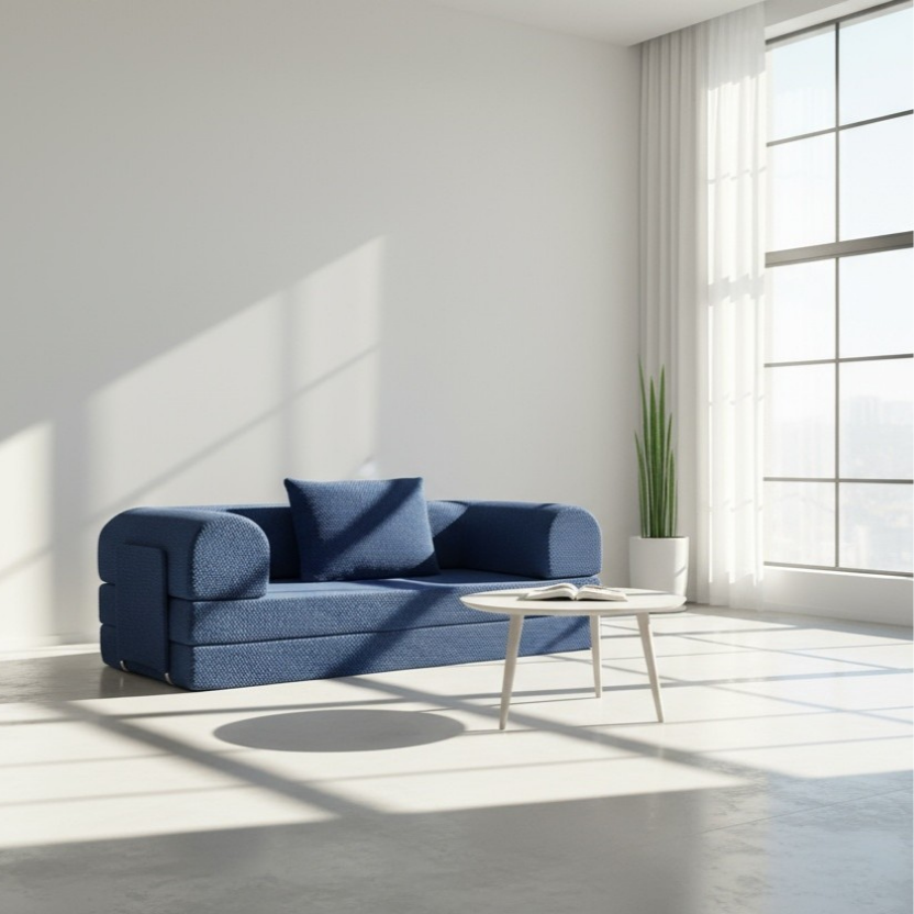 Contemporary Phaf sofa with plush gray cushions and wooden legs, stylishly arranged in a modern living room setting