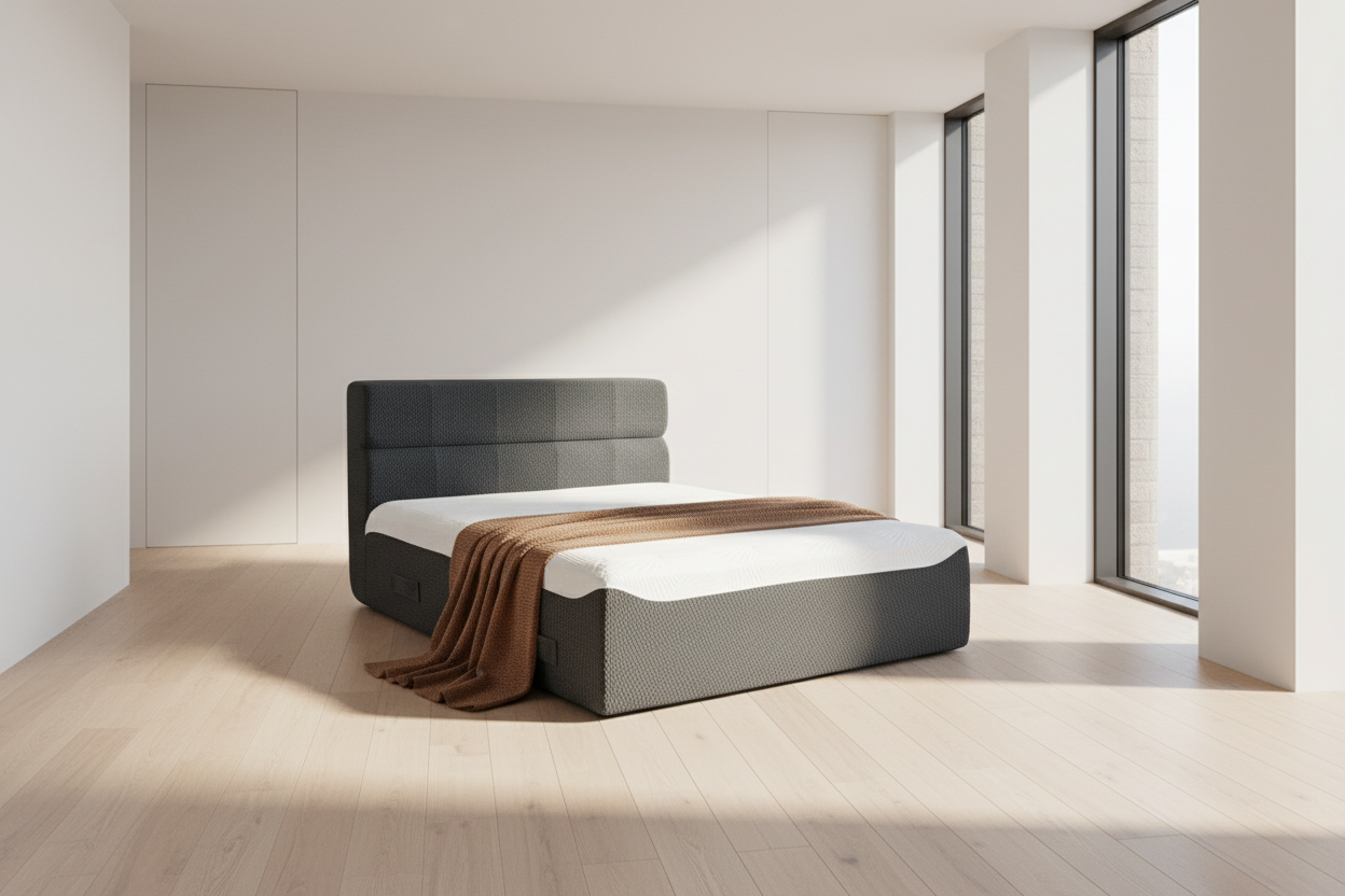 Bed with gray upholstered headboard and brown blanket on a white background