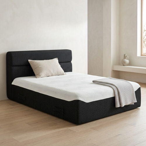 Full size Phaf bed with a modern wooden frame and neutral bedding, showcasing a stylish and comfortable bedroom setup.