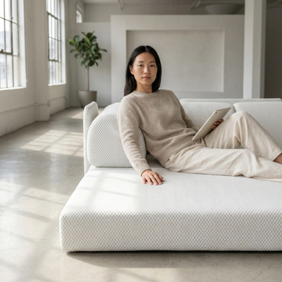 Modern Phaf sofa with plush cushions and sleek design, featuring neutral upholstery and wooden legs for a stylish living room look.