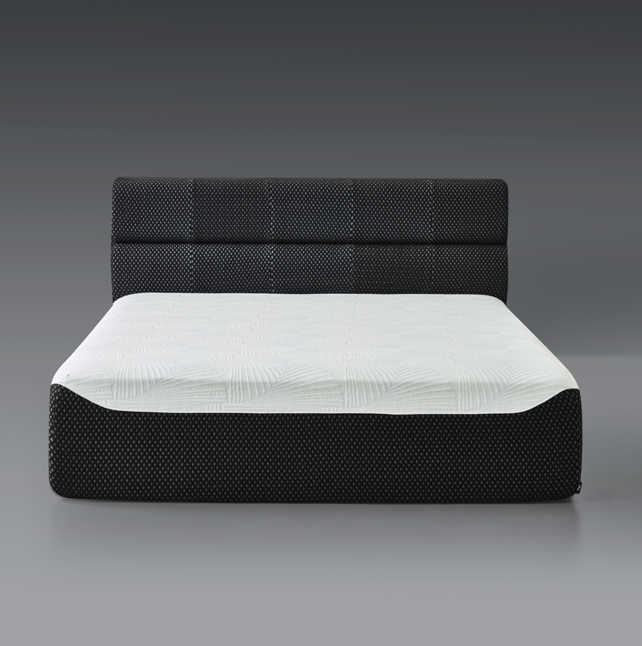 Phaf Queen Size Serena bed with a sleek wooden frame and upholstered headboard, showcasing a modern bedroom setup.