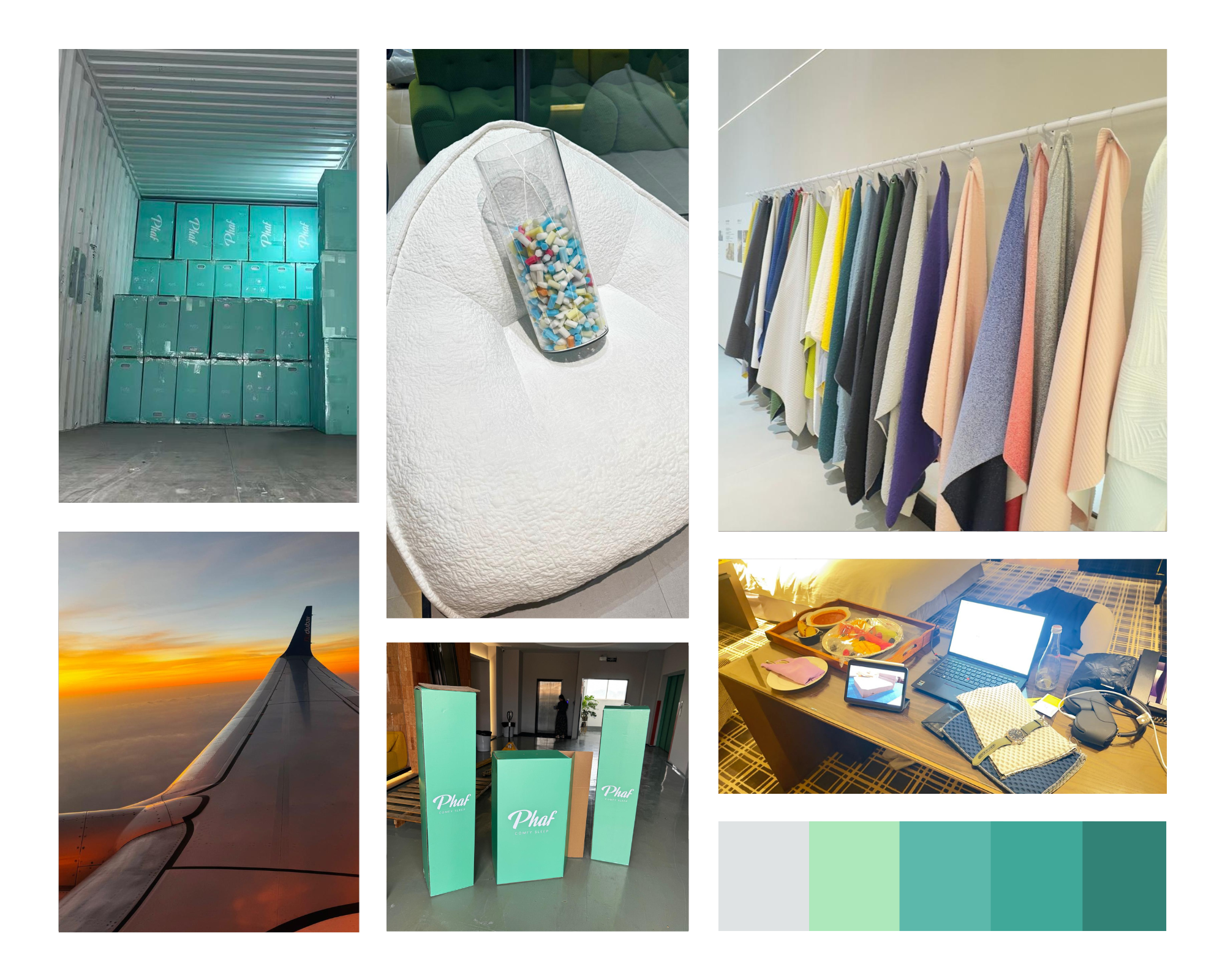 Collage of images with teal and gray color scheme, including lockers, a phone case, clothing, and a sunset.