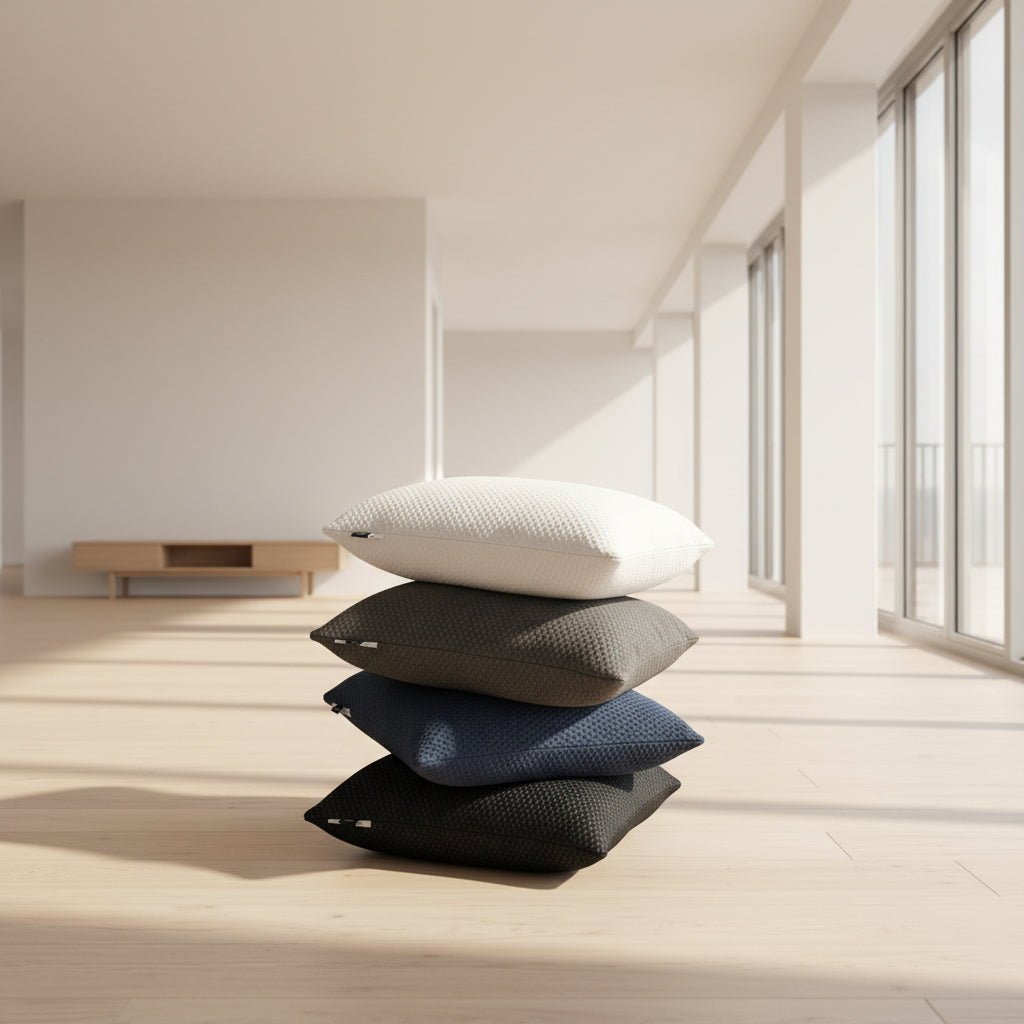Two white Cusheez pillows by Phaf stacked on a surface with a neutral background.