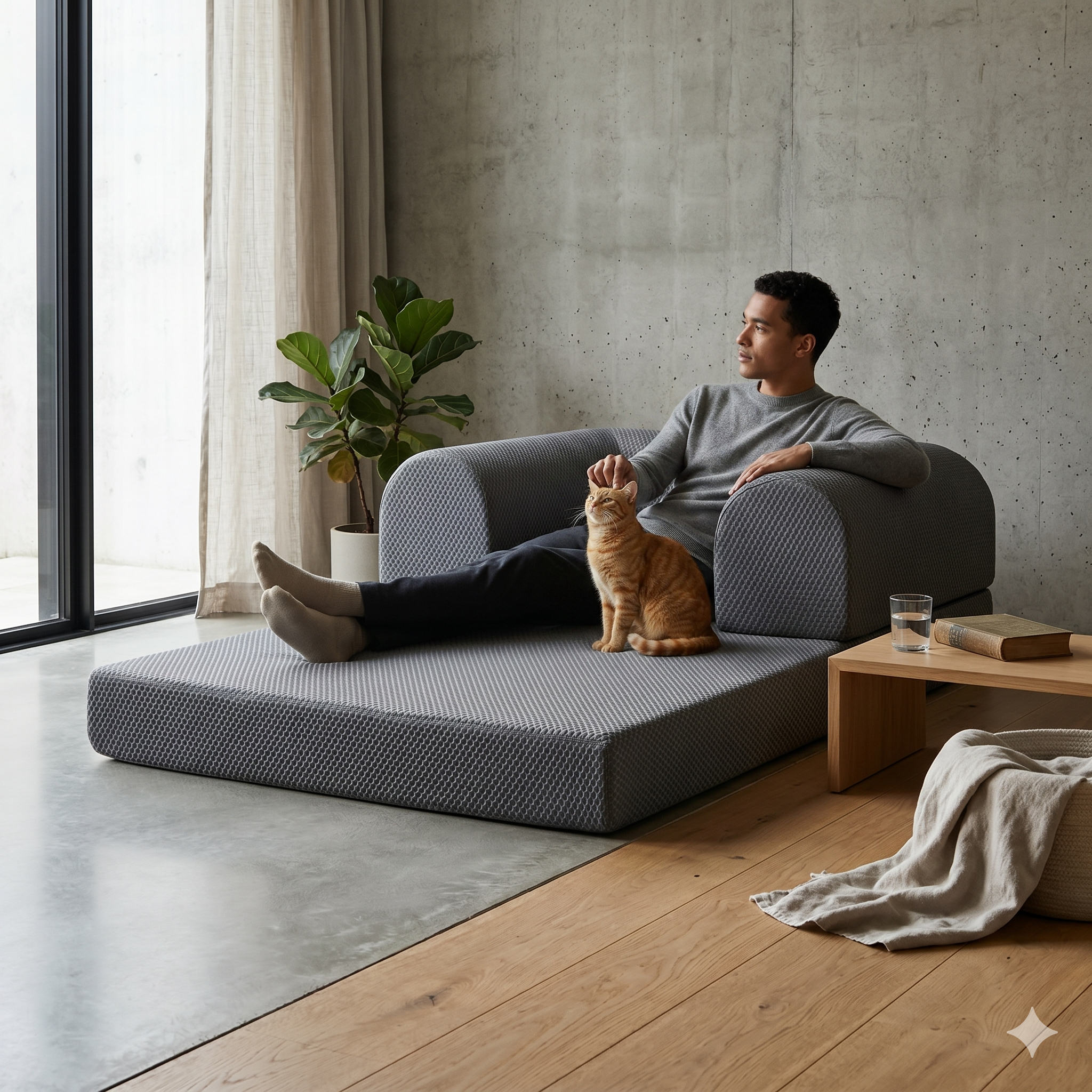 Man sitting on a modern gray sofa with a cat in a well-lit room.