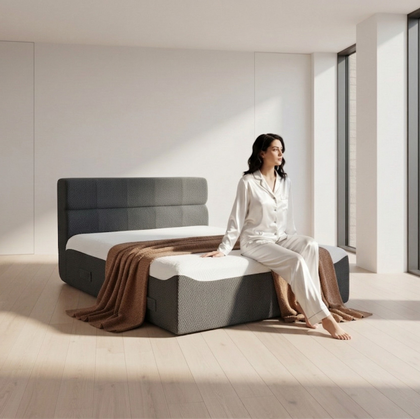 Full size Phaf bed with a modern wooden frame, shown in a bright bedroom setting with a neatly made mattress and pillows.