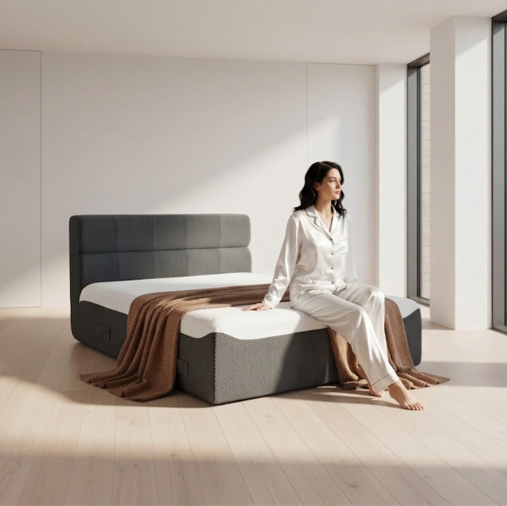 Full size Phaf bed with a modern wooden frame, shown in a bright bedroom setting with a neatly made mattress and pillows.