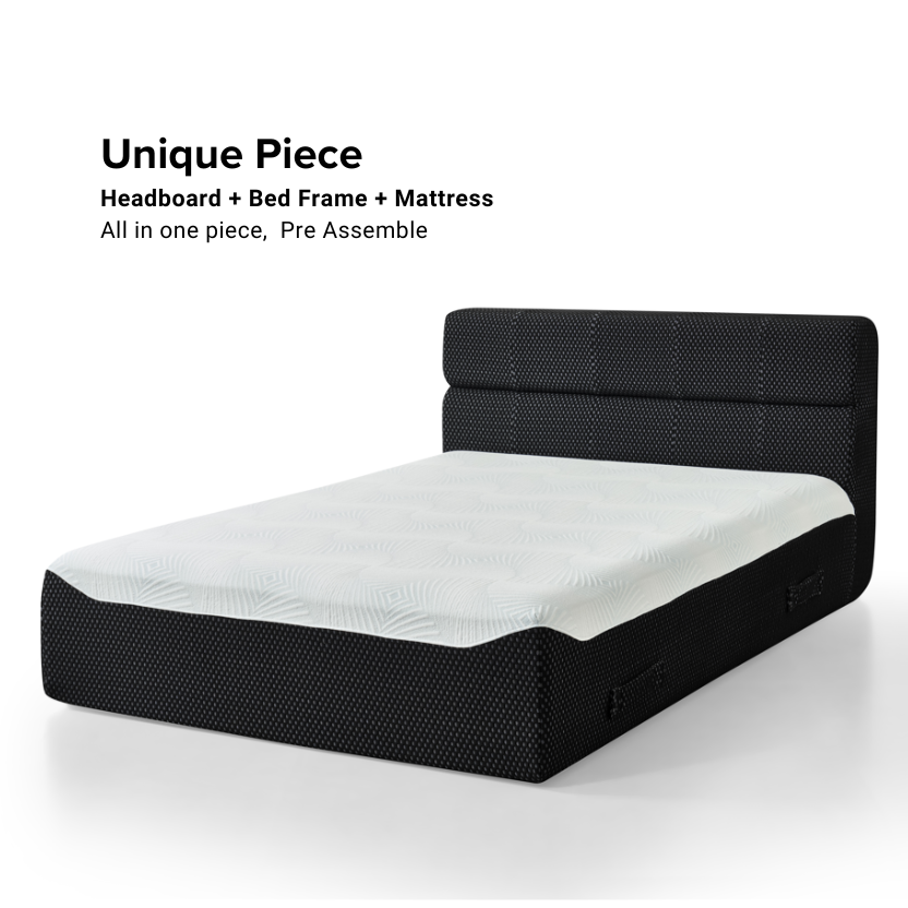 Full size Phaf bed with wooden frame and neutral upholstery, shown from a side angle in a modern bedroom setting.